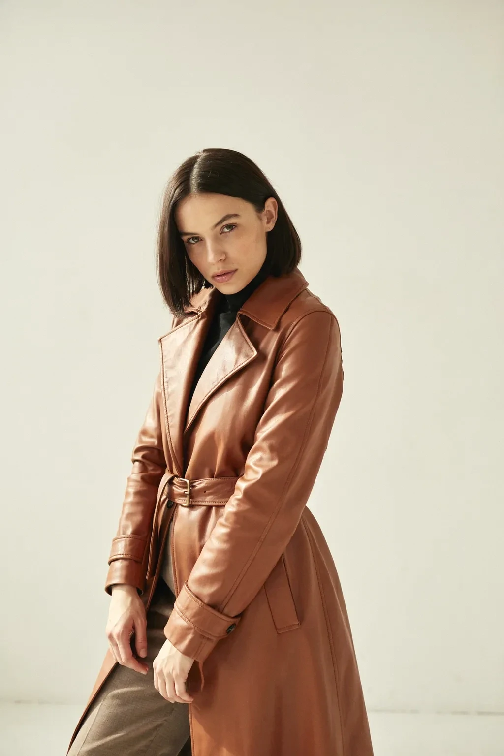 leather trench and classic bob