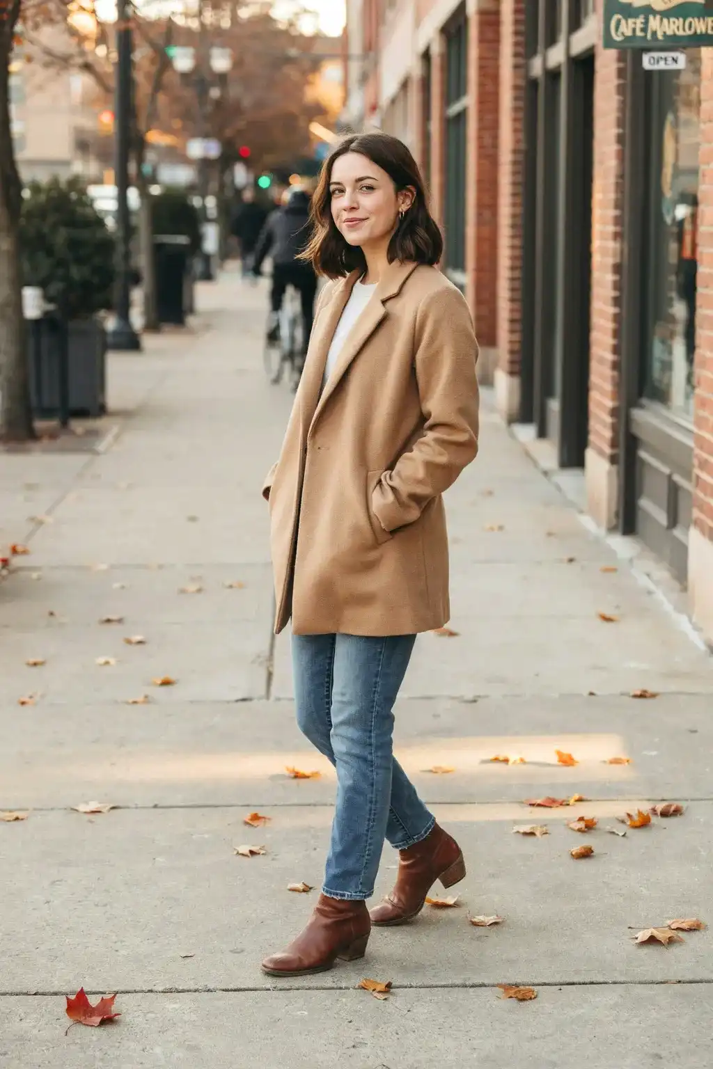camel coat and straight jeans