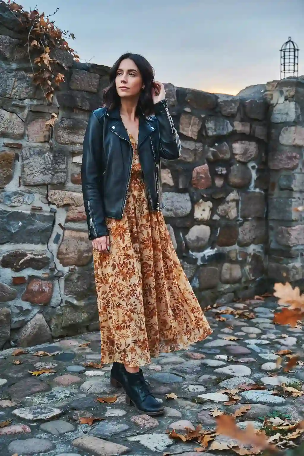 leather jacket and maxi dress