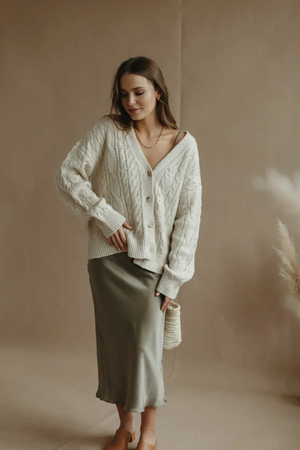 chunky cardigan and slip skirt