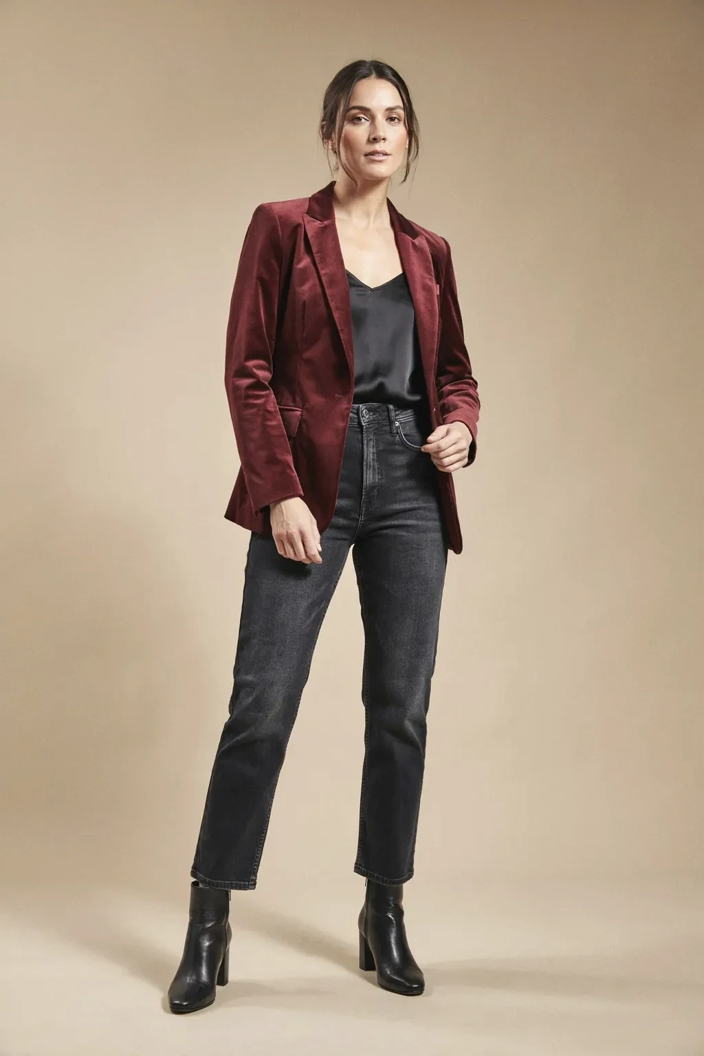 velvet blazer and dark denim