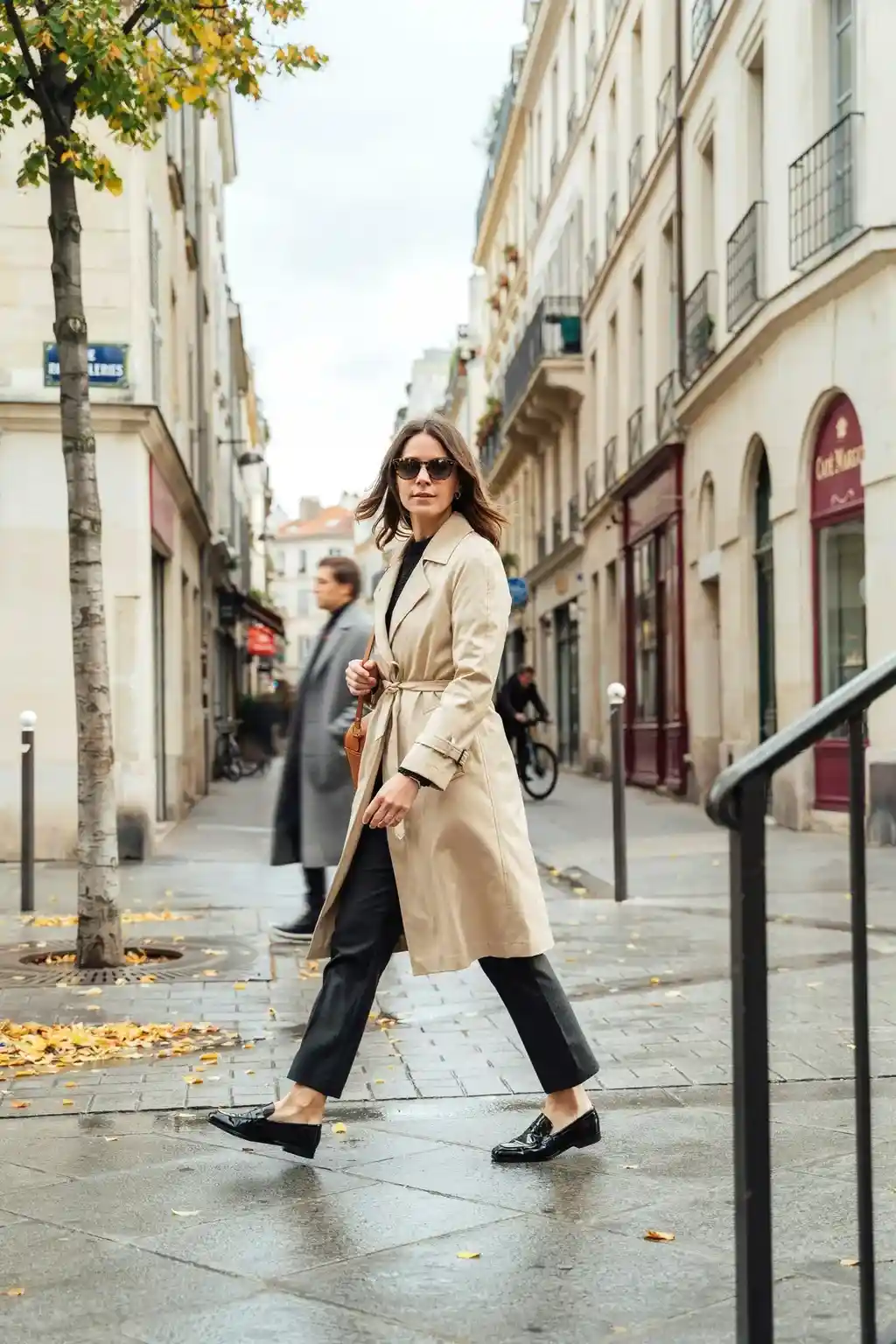 trench coat and loafers