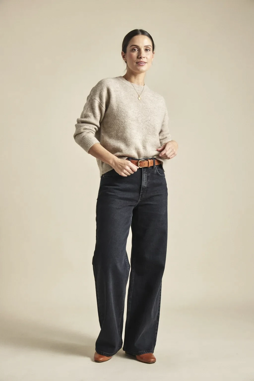 cashmere sweater and wide-leg denim
