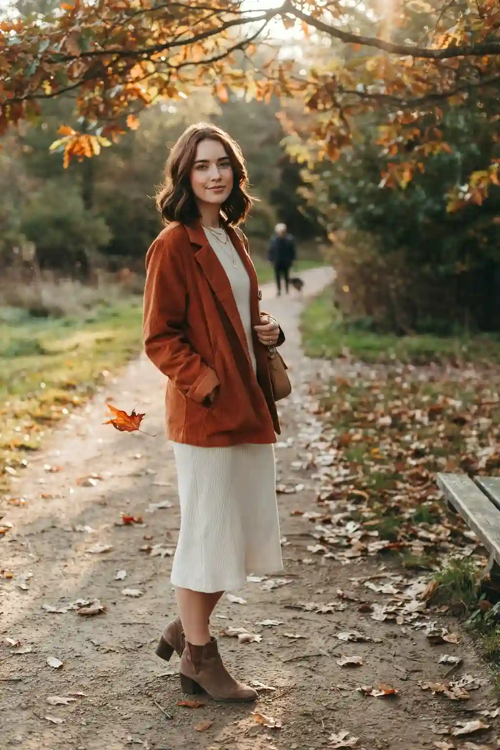 corduroy jacket and midi dress