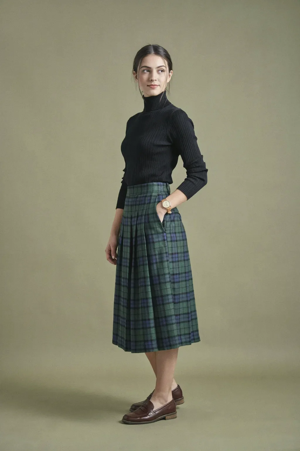 turtleneck and plaid pleated skirt