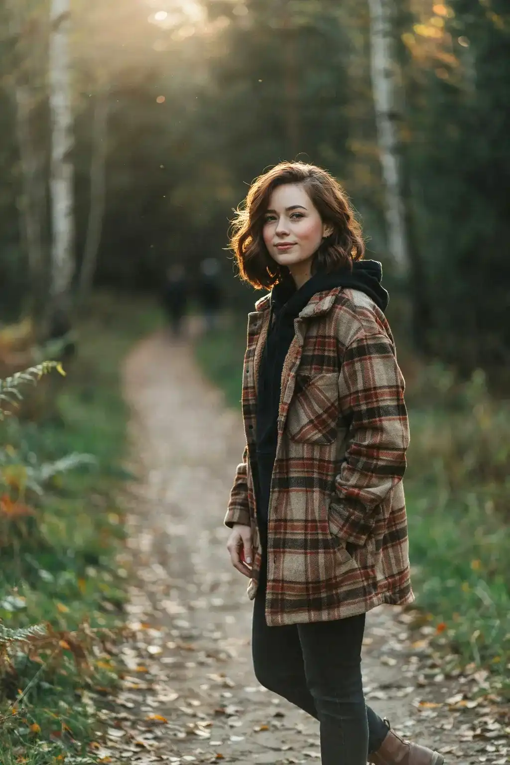 plaid shacket and auburn bob