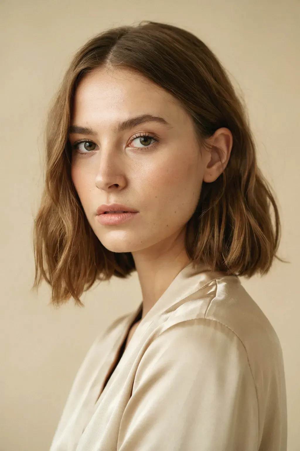 satin blouse and caramel bob
