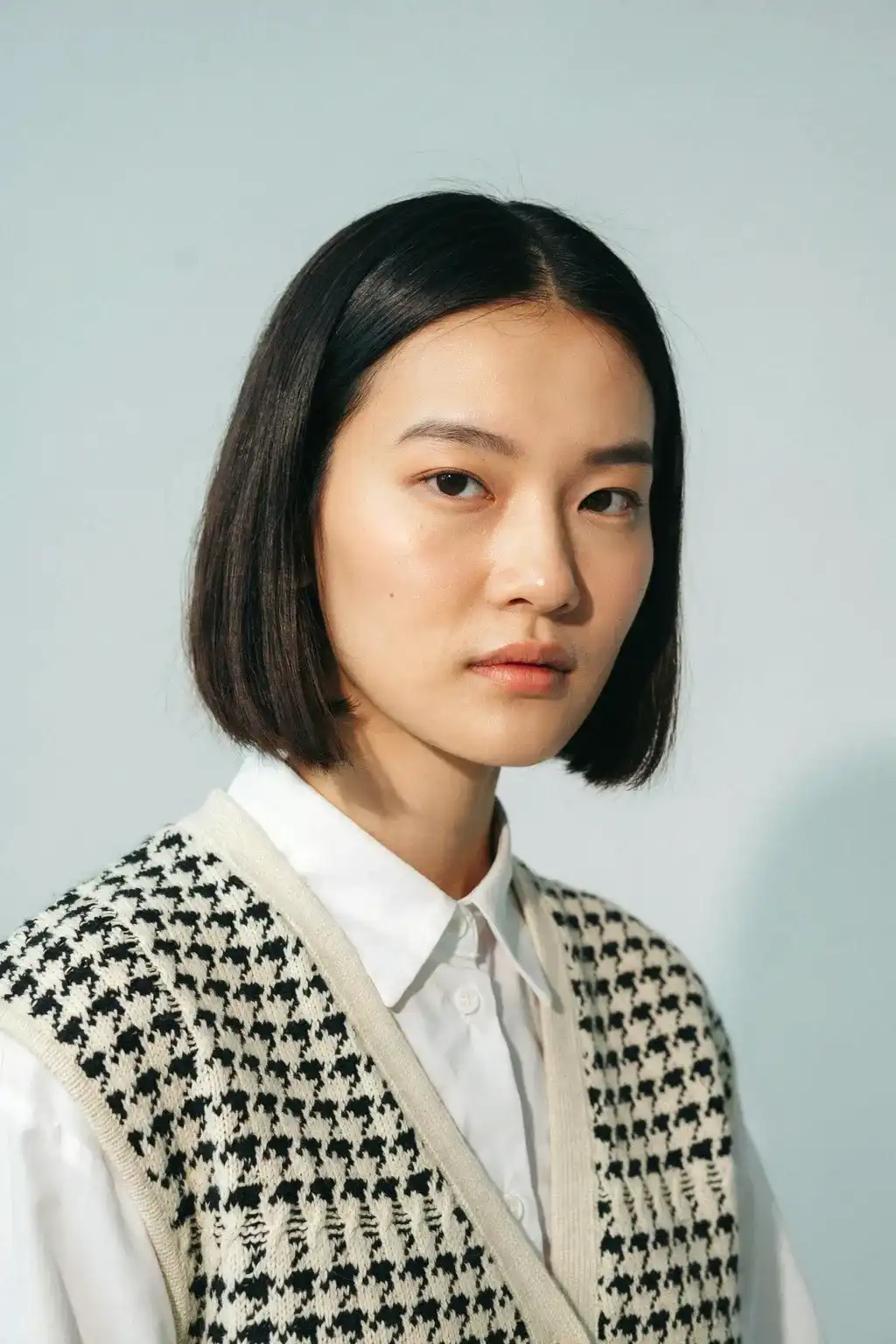 cardigan vest and cropped bob