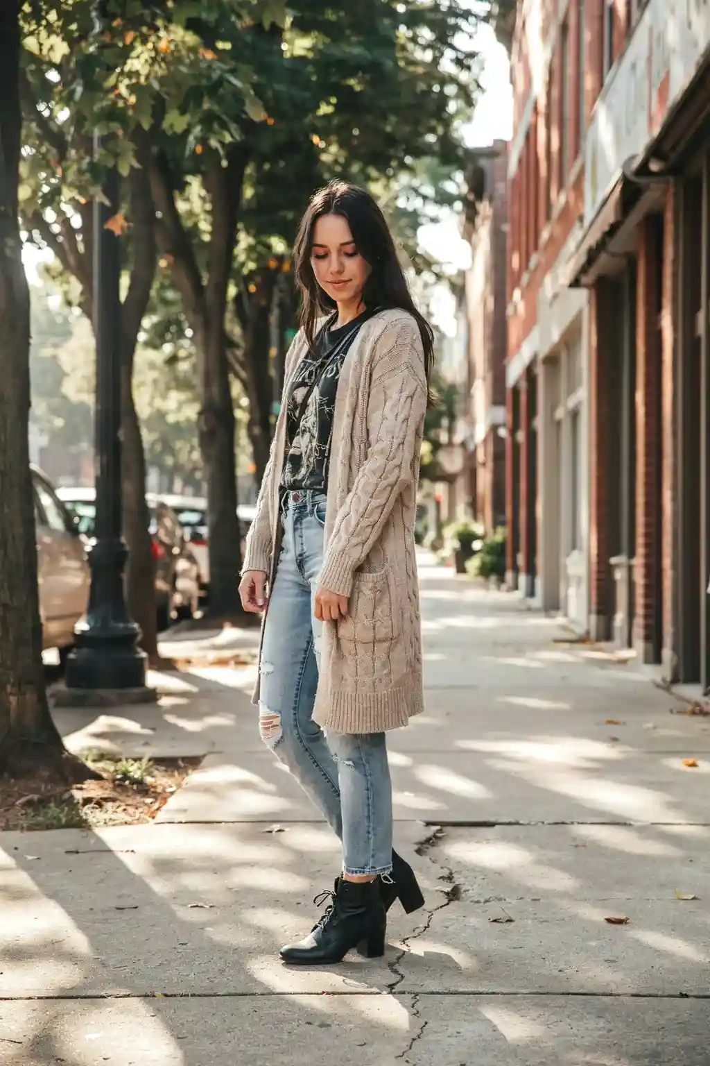 long cardigan and graphic tee