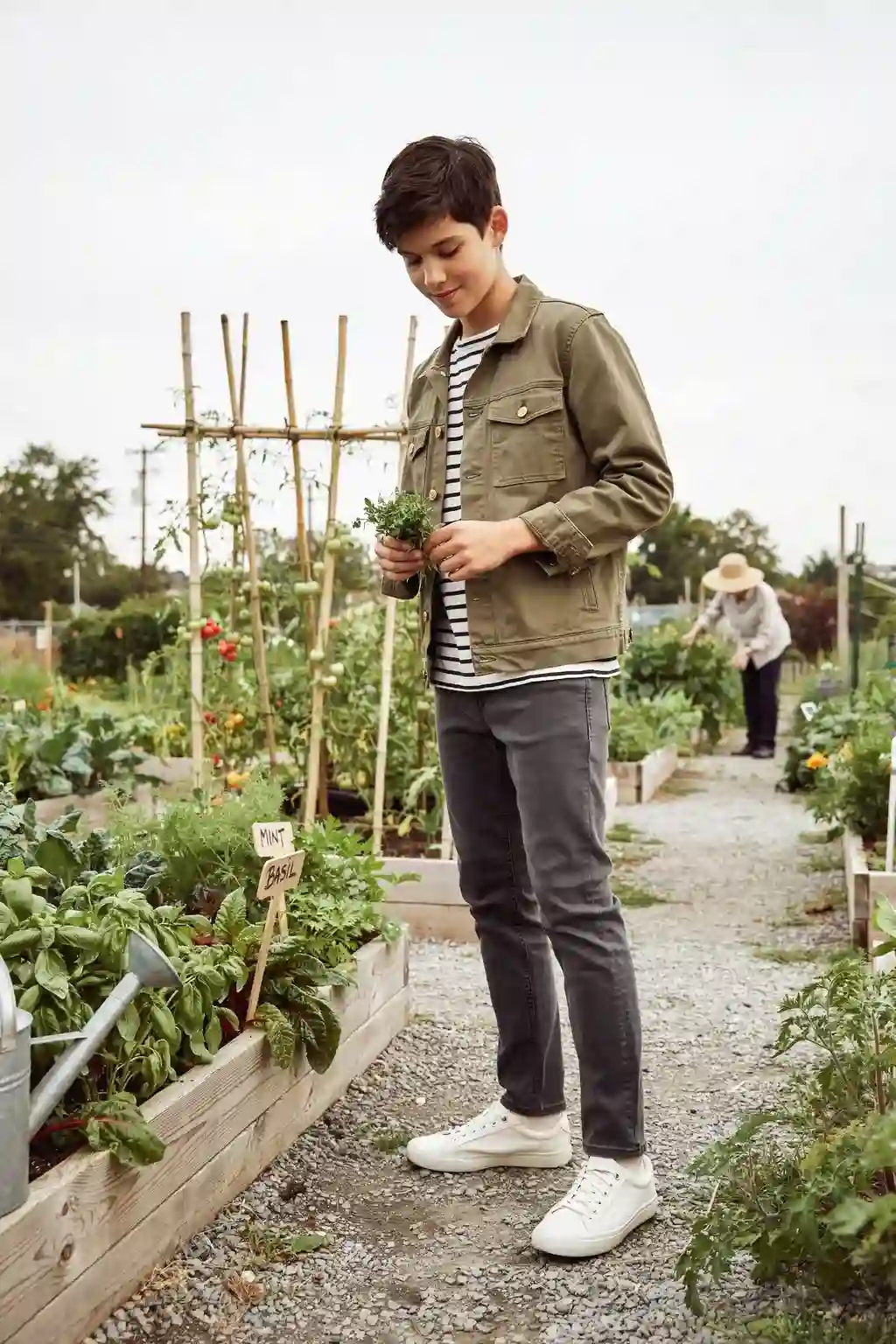 utility jacket and striped tee