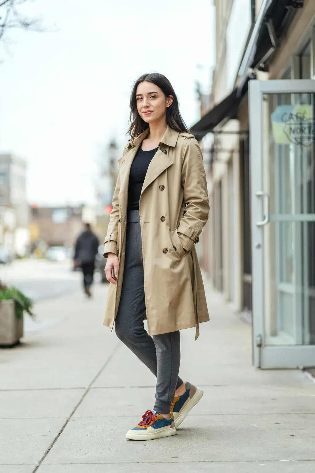 trench coat and joggers