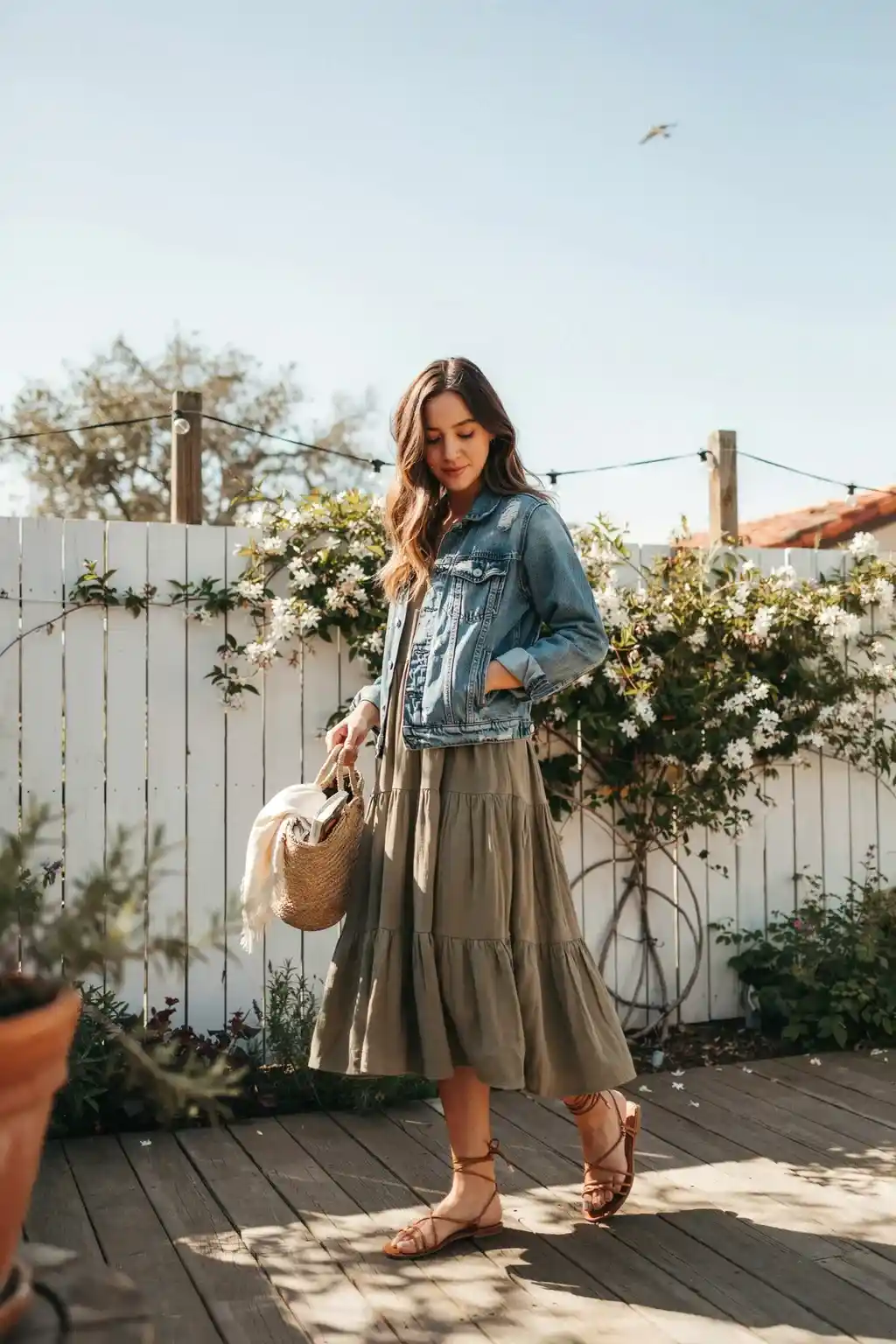 denim jacket and maxi dress
