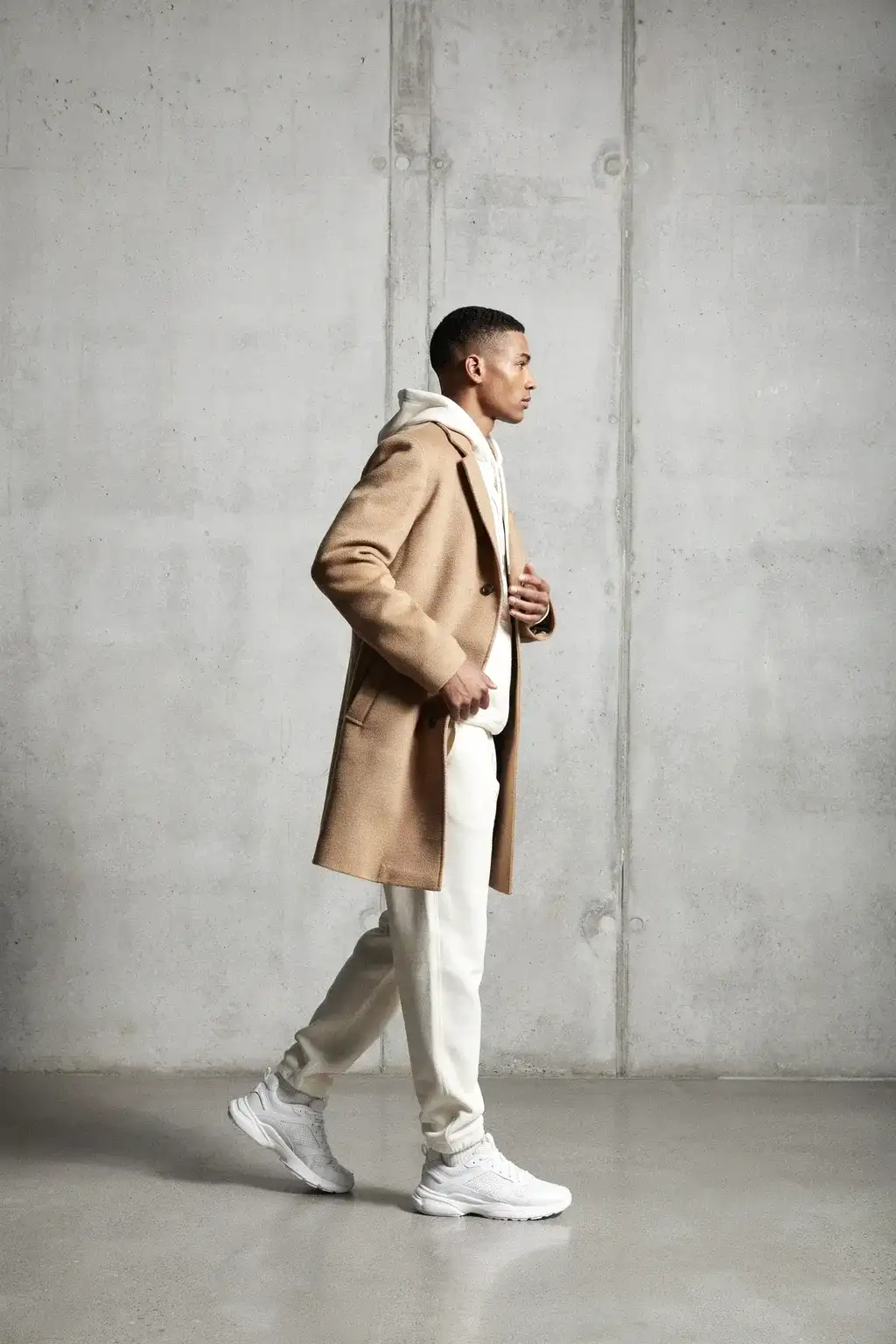 monochromatic sweatsuit and overcoat