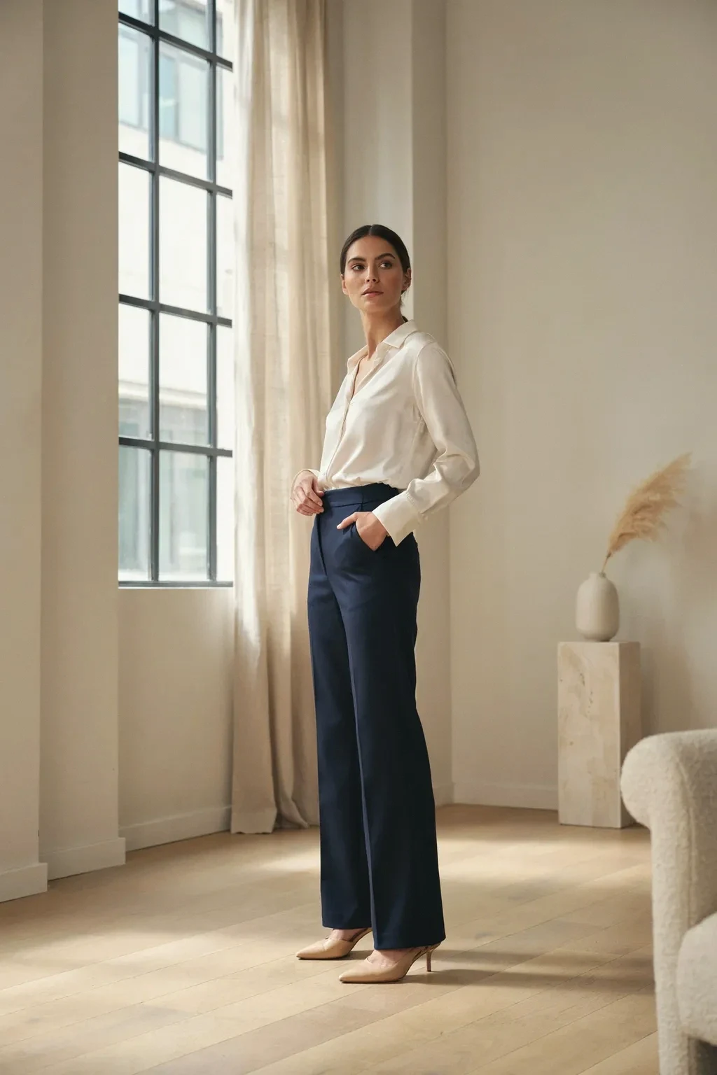 high-waisted trousers and soft pixie