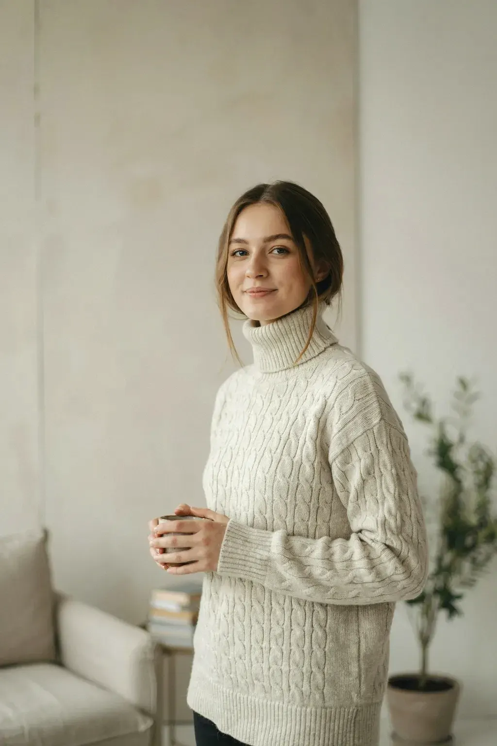monochrome knitwear and tousled pixie