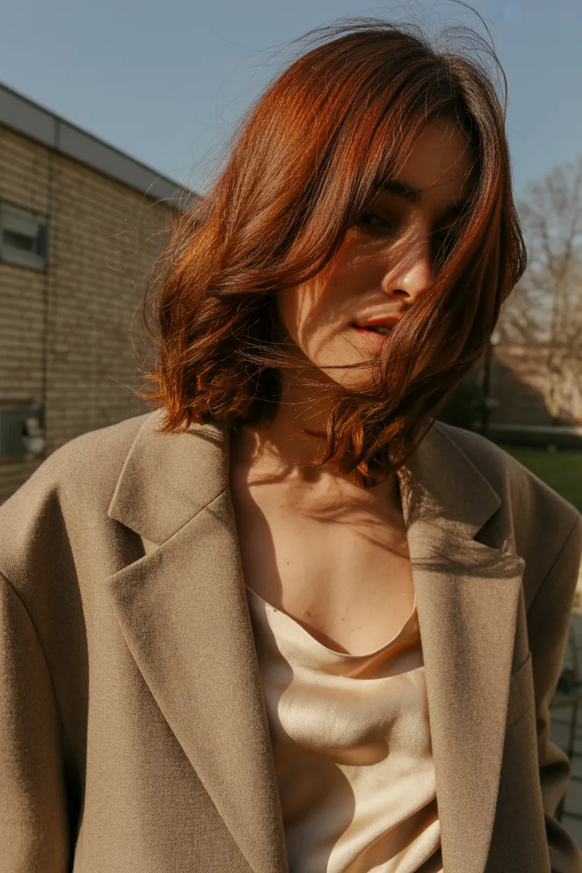 oversized blazer and curtain bangs