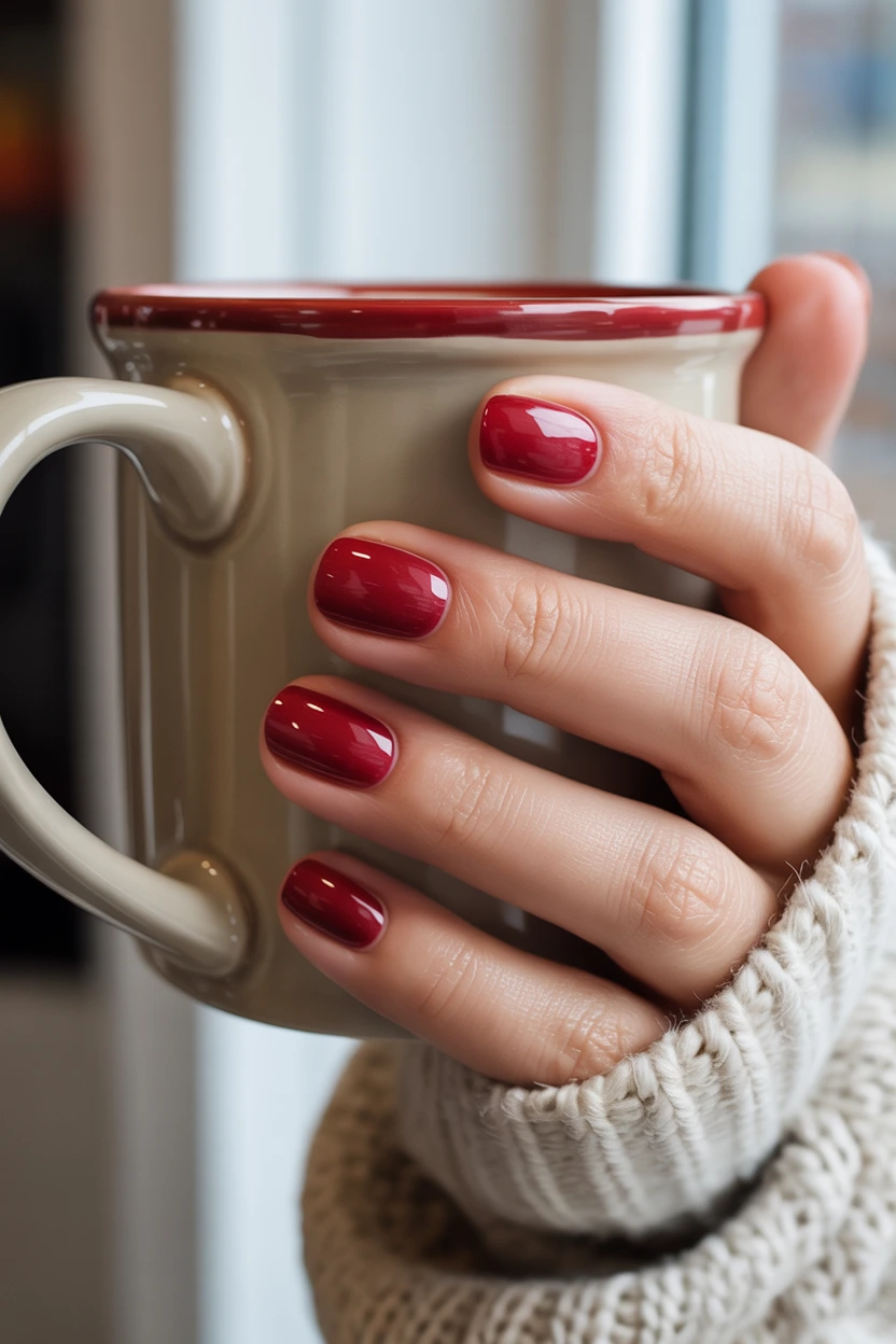 glossy cherry red round nails