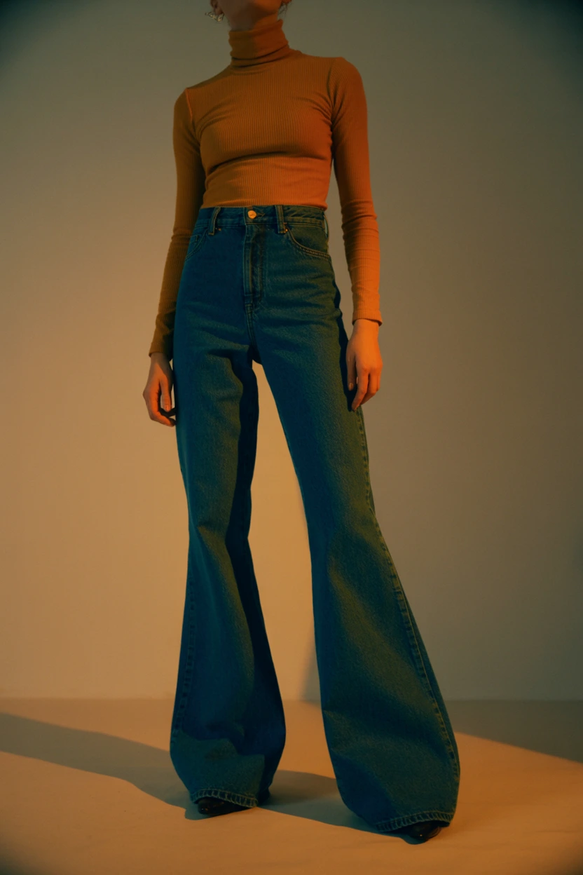 feathered denim bellbottom outfit