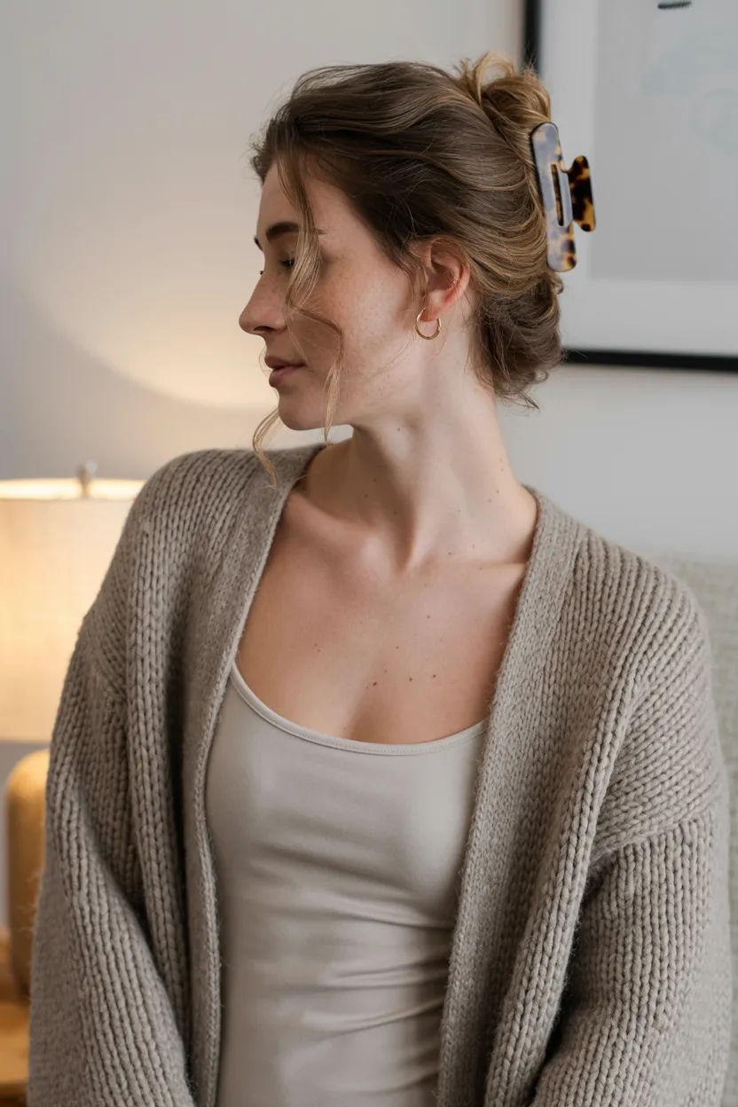 chunky cardigan and claw clip