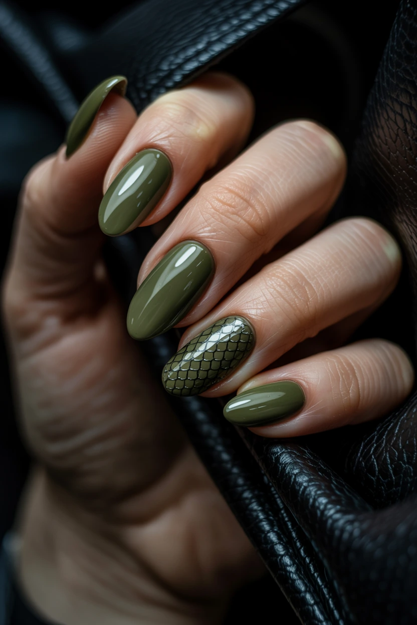 olive snake print detail