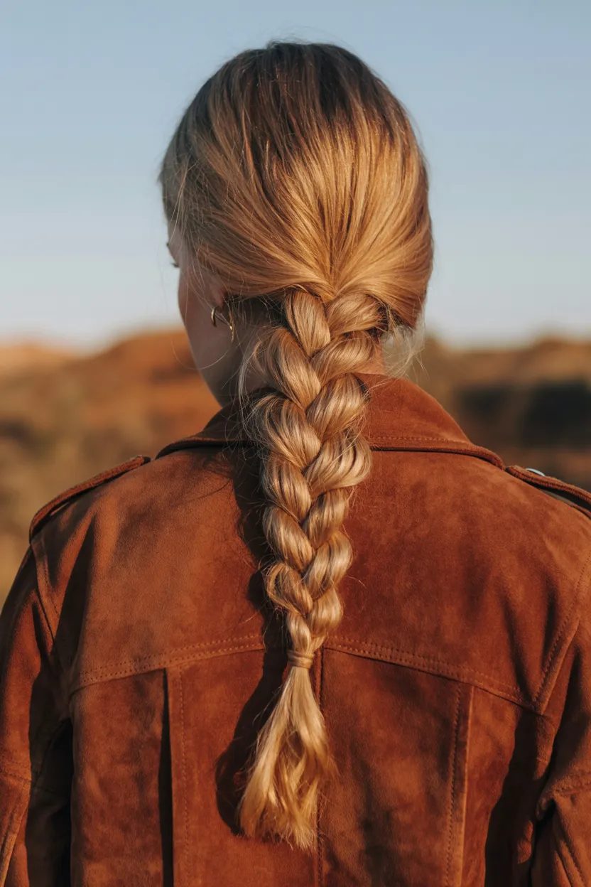suede jacket and low braided pony