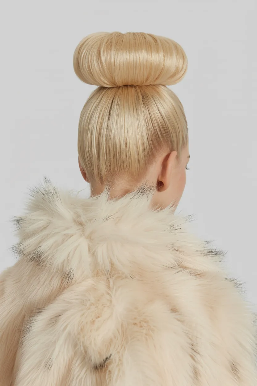 faux fur coat and sleek topknot