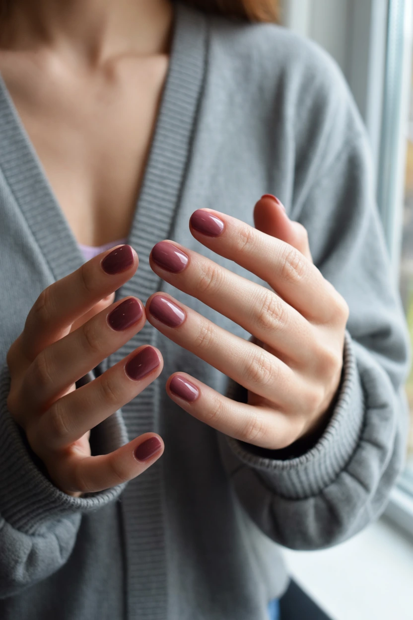 matte plum red round nails
