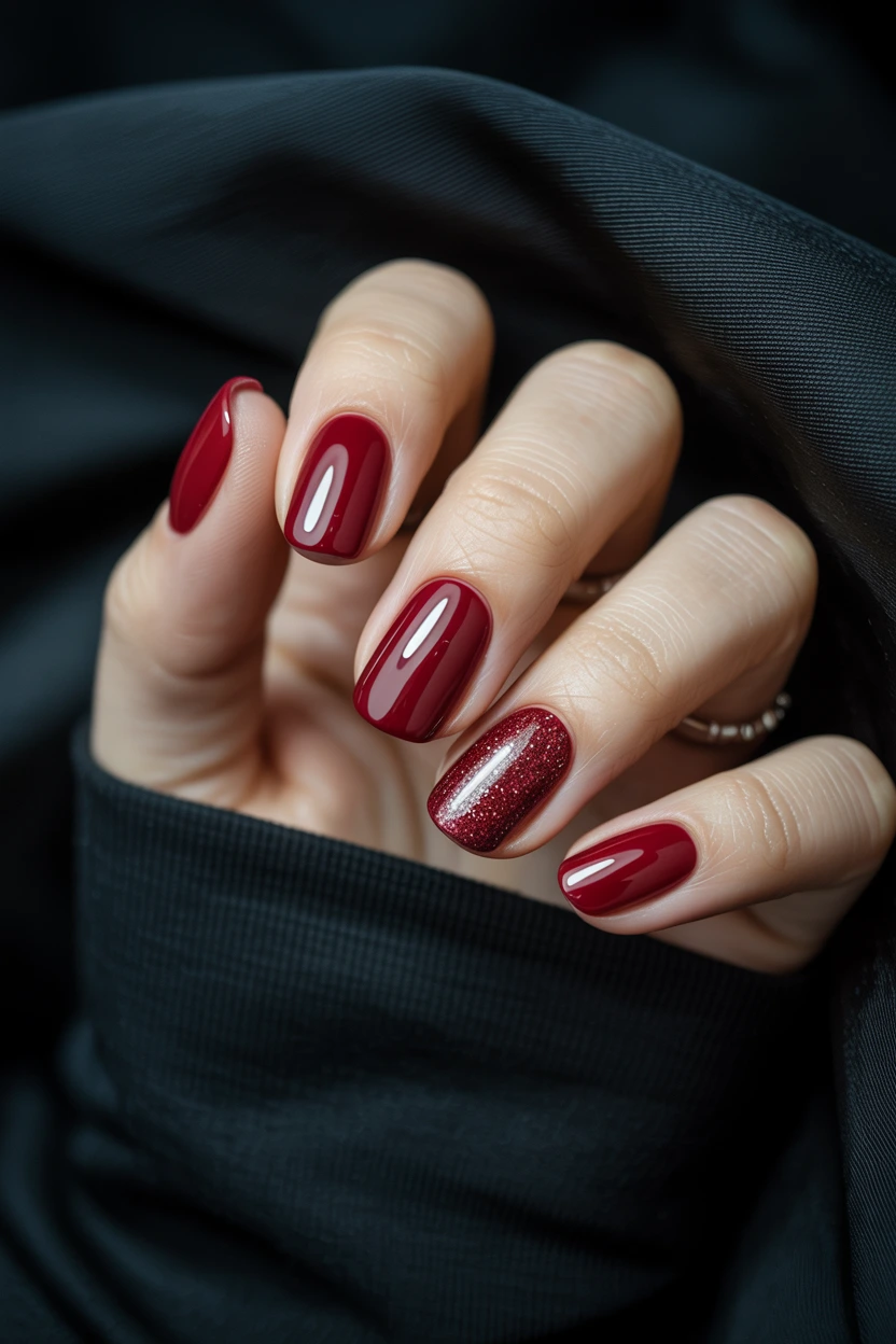glittering garnet accent nail