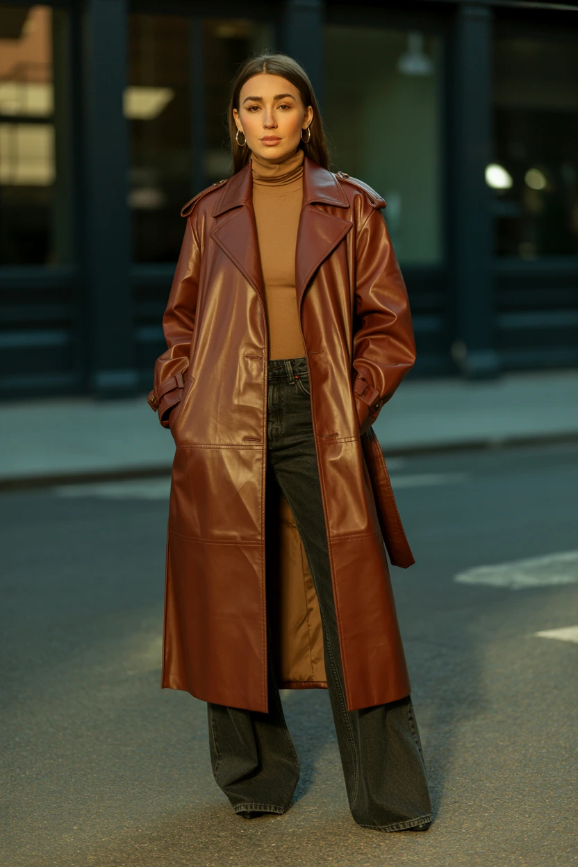 vintage leather trench look