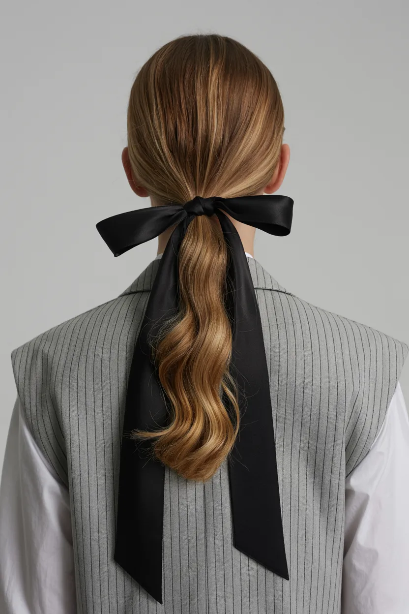 tailored vest with low ponytail