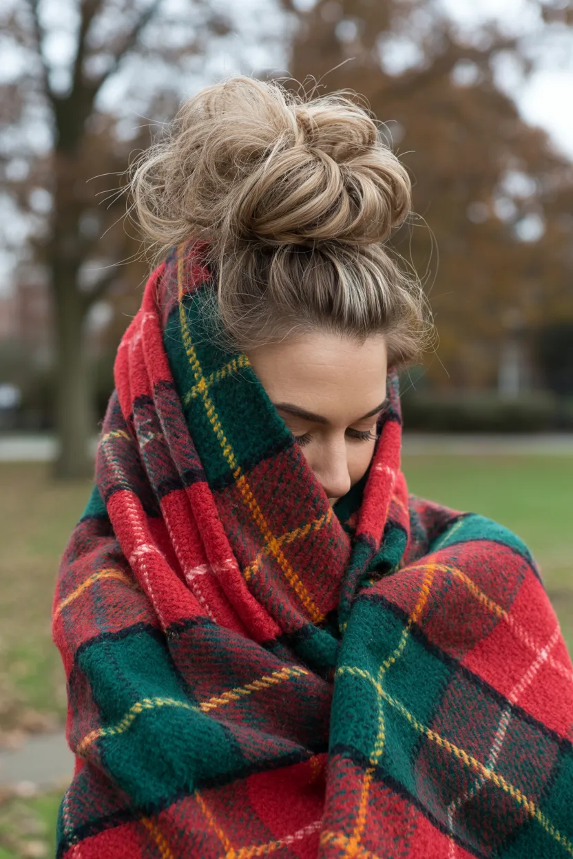 oversized scarf and high bun