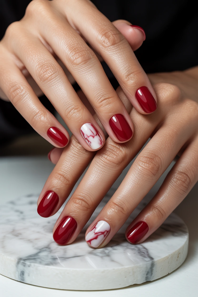 red marble accent round nails
