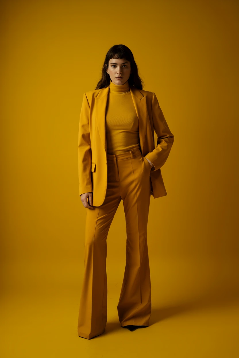 monochrome mustard flare suit