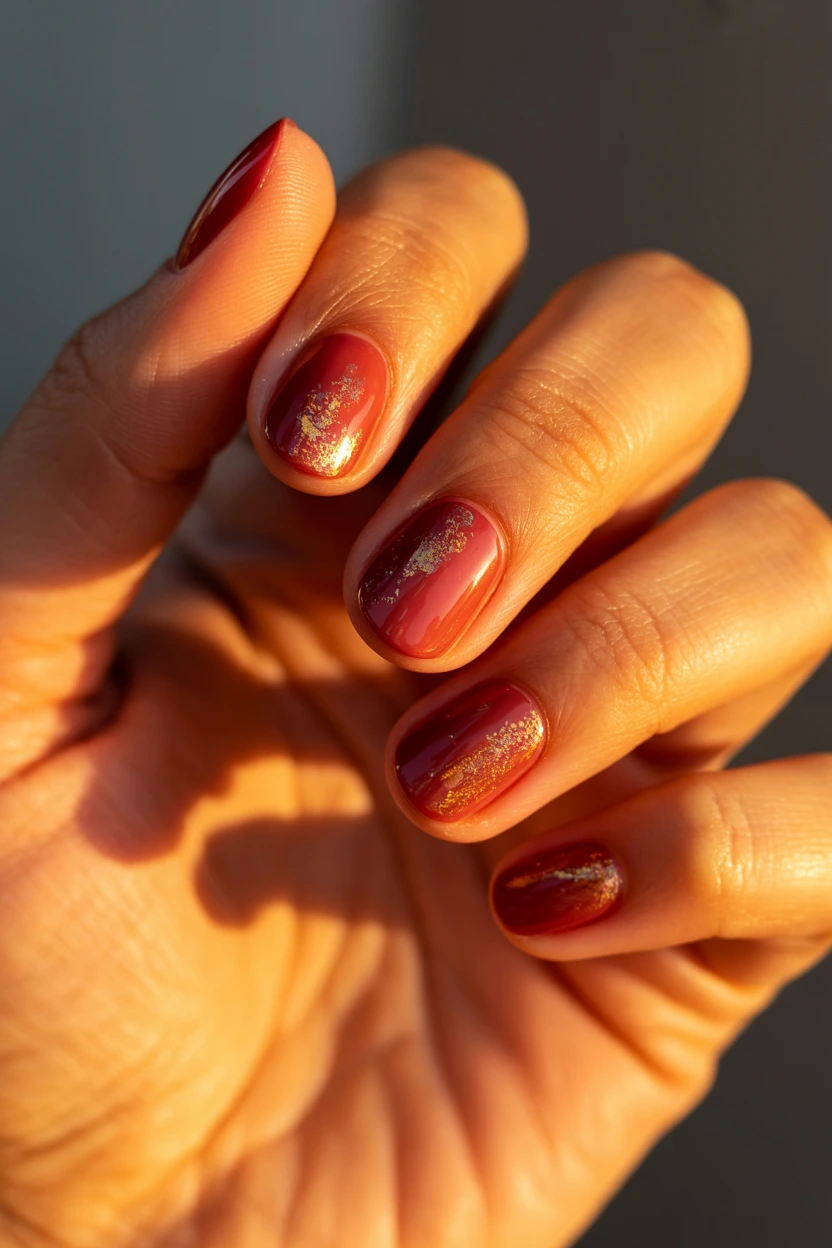golden hour crimson round nails