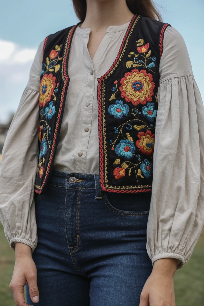 folk embroidered vest denim