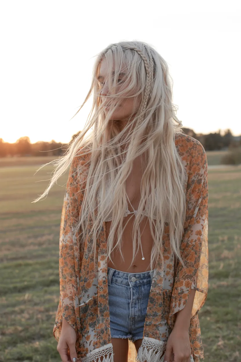 boho kimono and messy waves