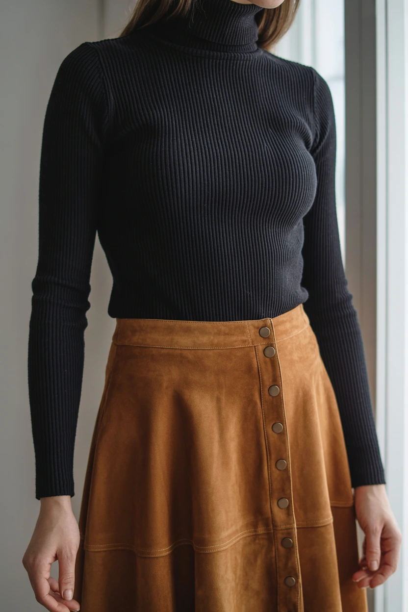 turtleneck suede button skirt