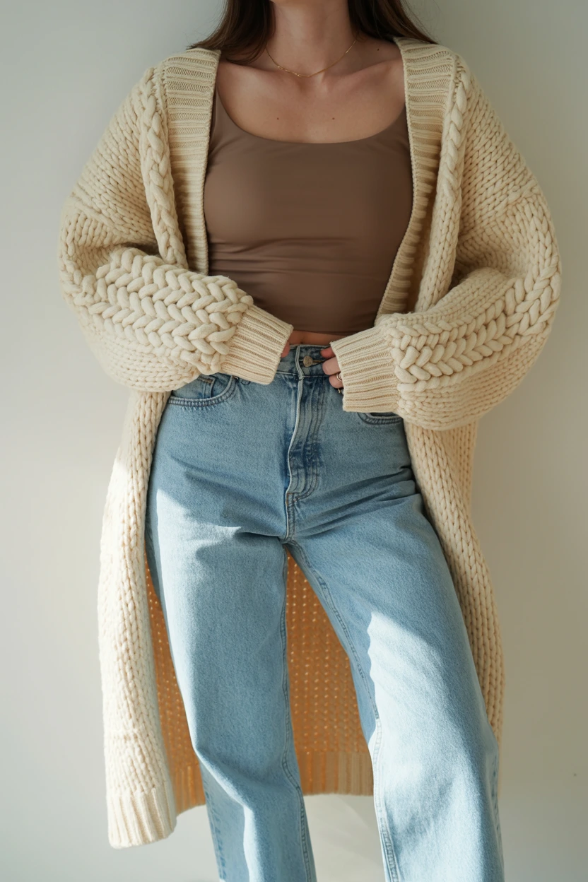 chunky cardigan high rise denim