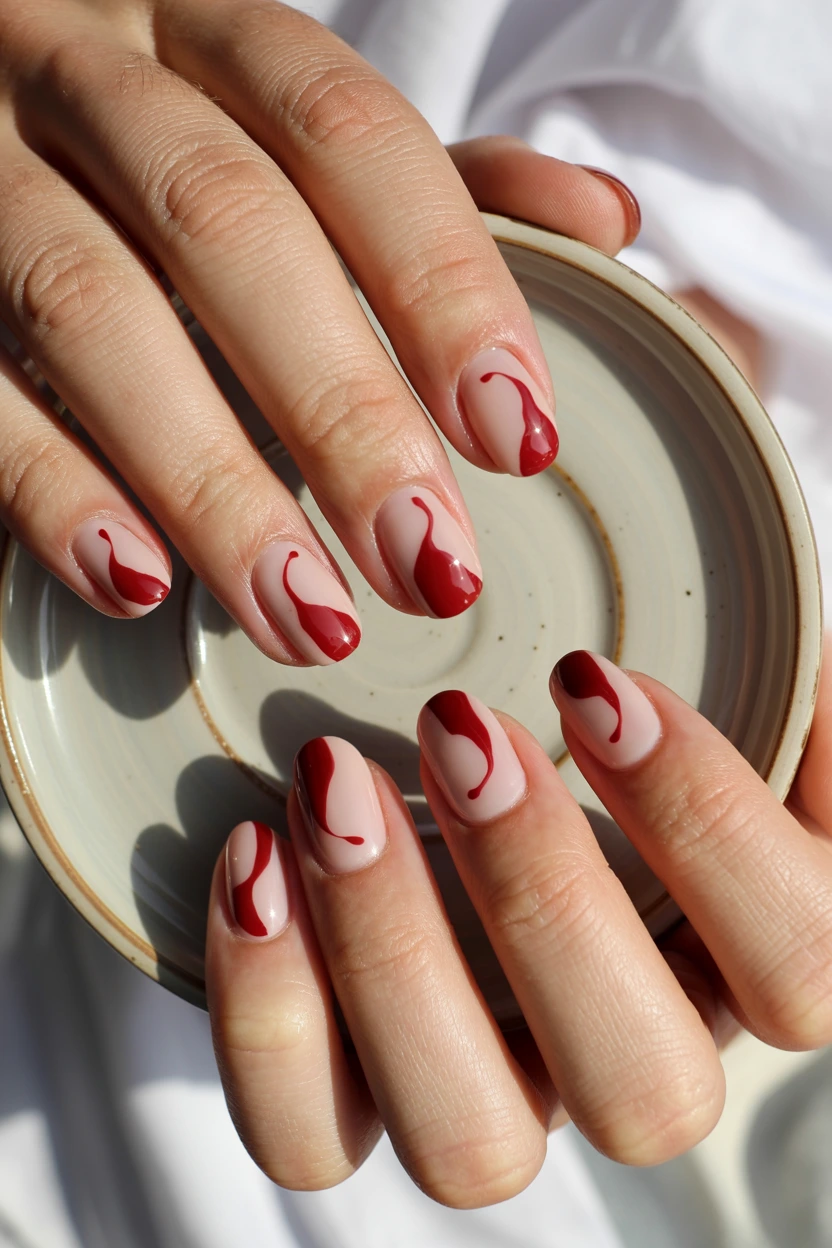 abstract red geometric round nails