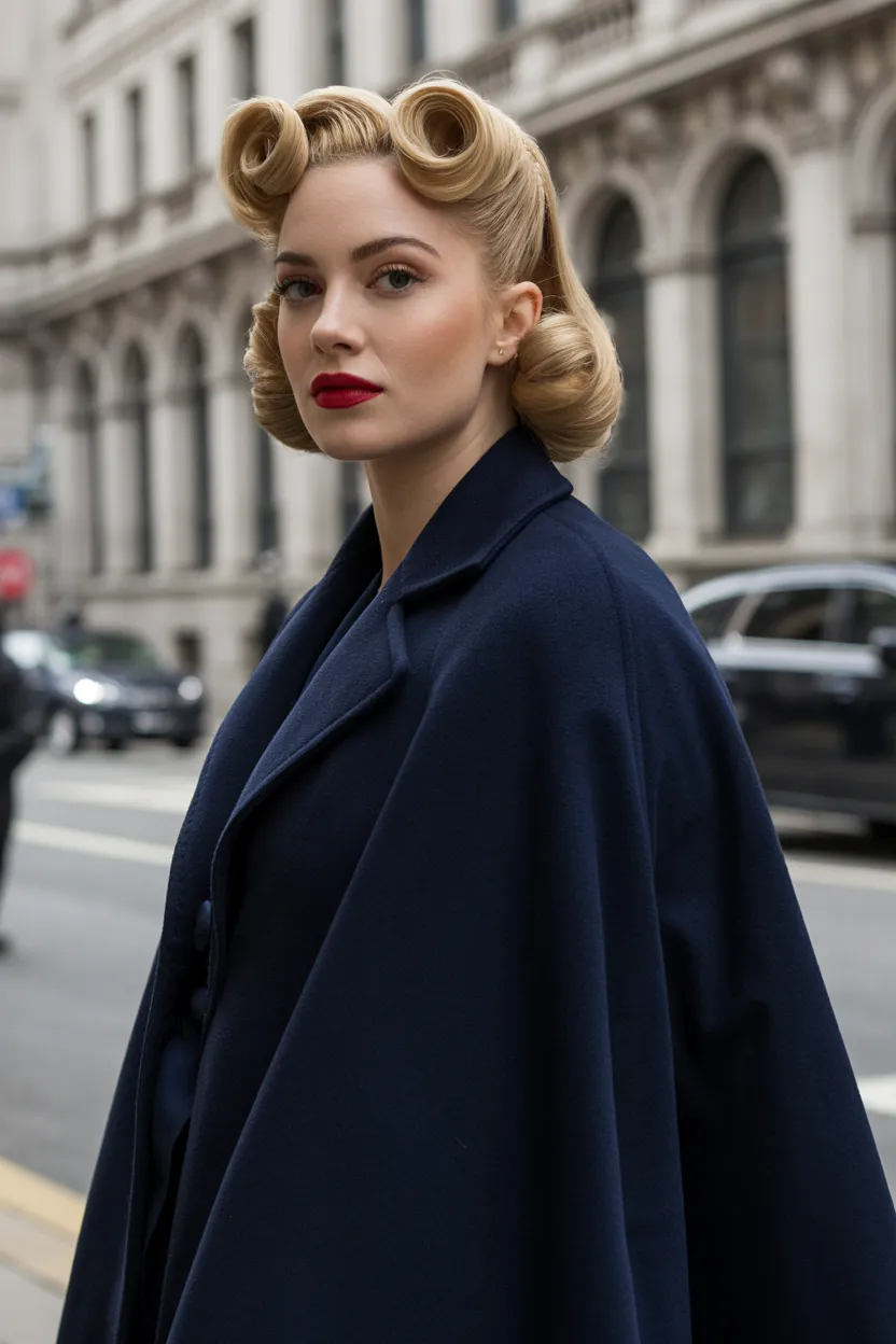 cape coat and vintage victory rolls