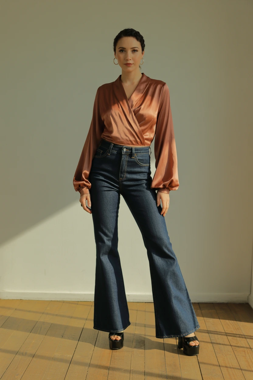 satin wrap blouse bellbottoms