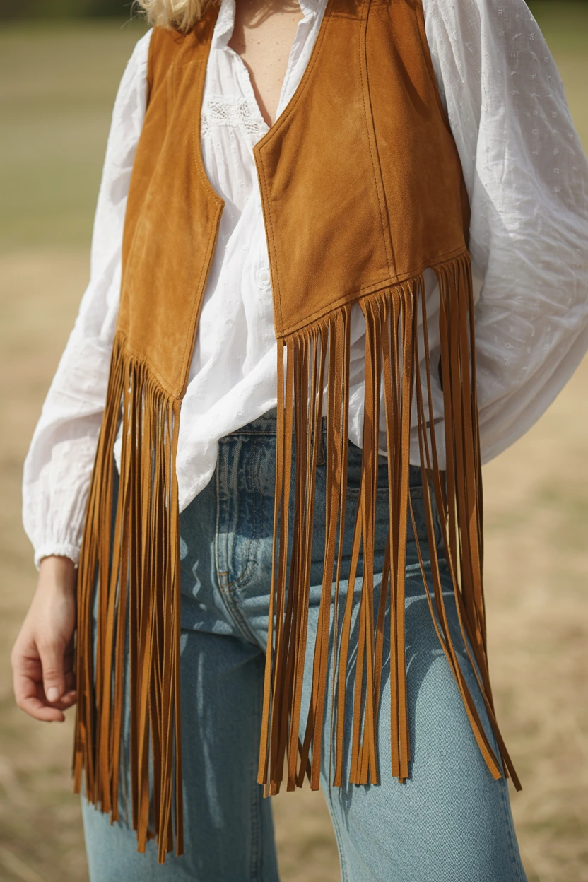 suede fringe vest denim