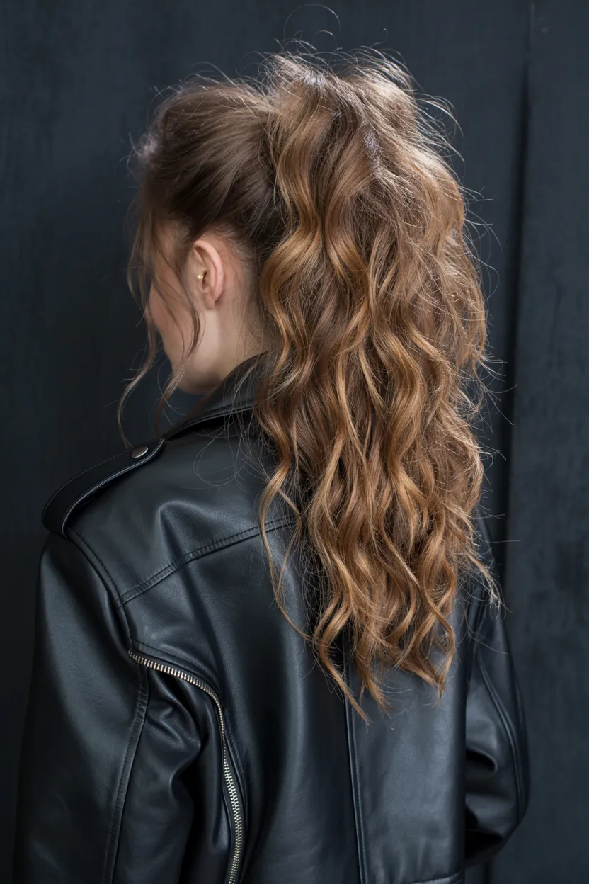 leather jacket and high ponytail