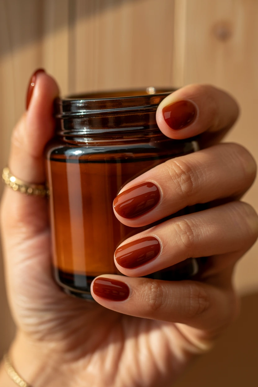 burnt amber glossy round nails