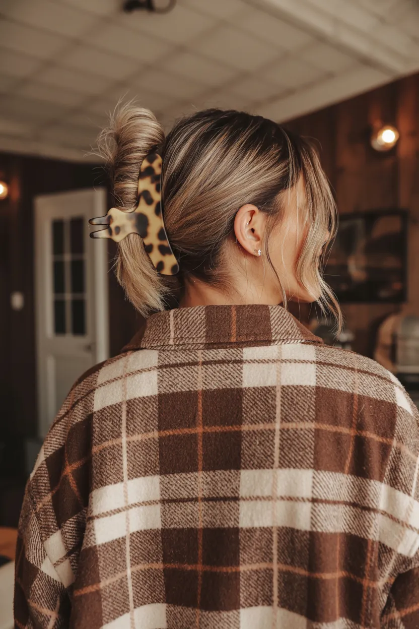 plaid shacket and half-up twist