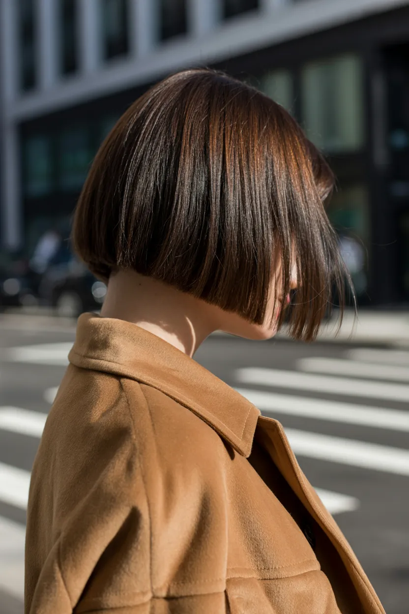 camel coat with sleek bob