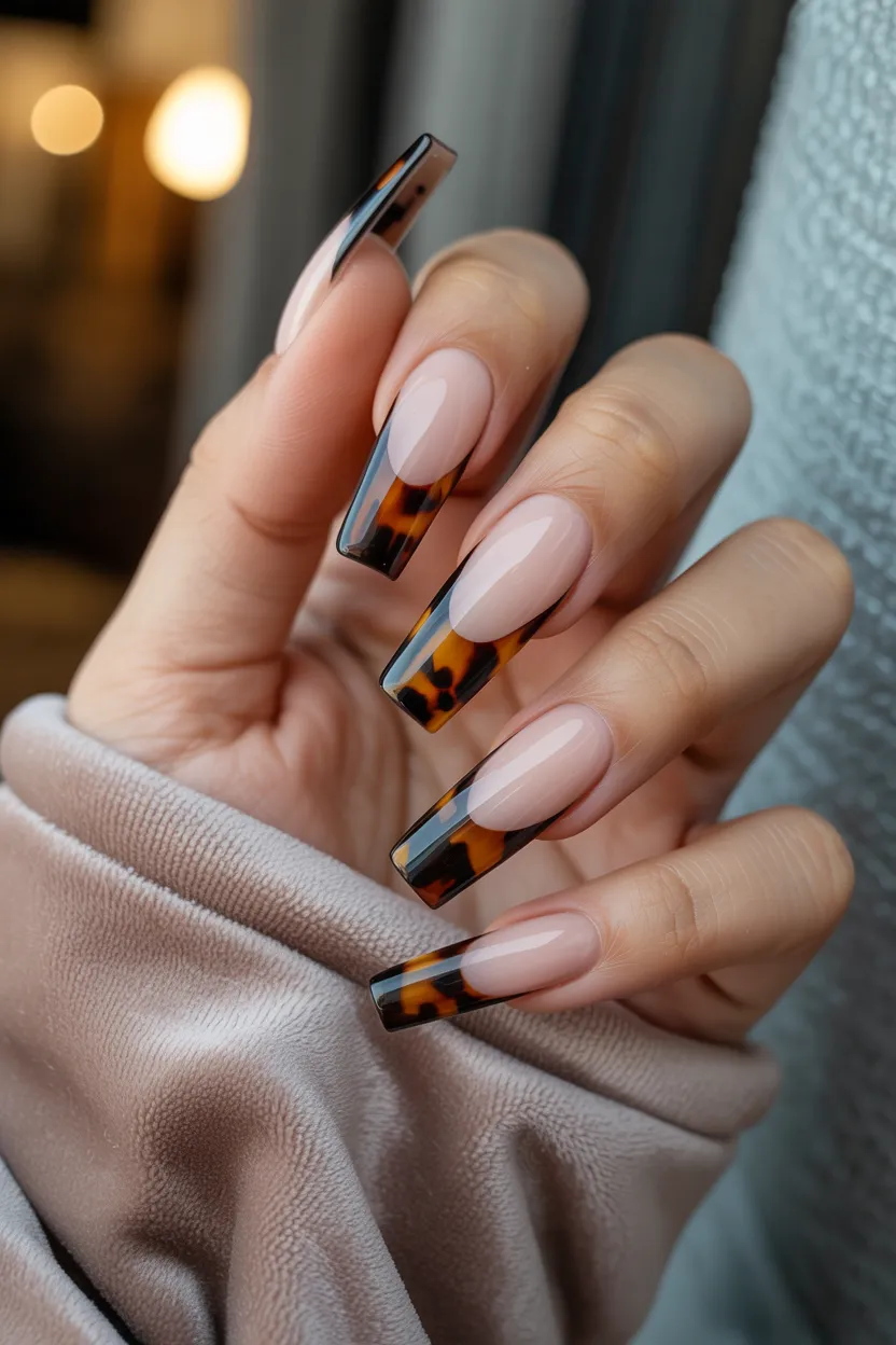 nude tortoiseshell acrylic nails