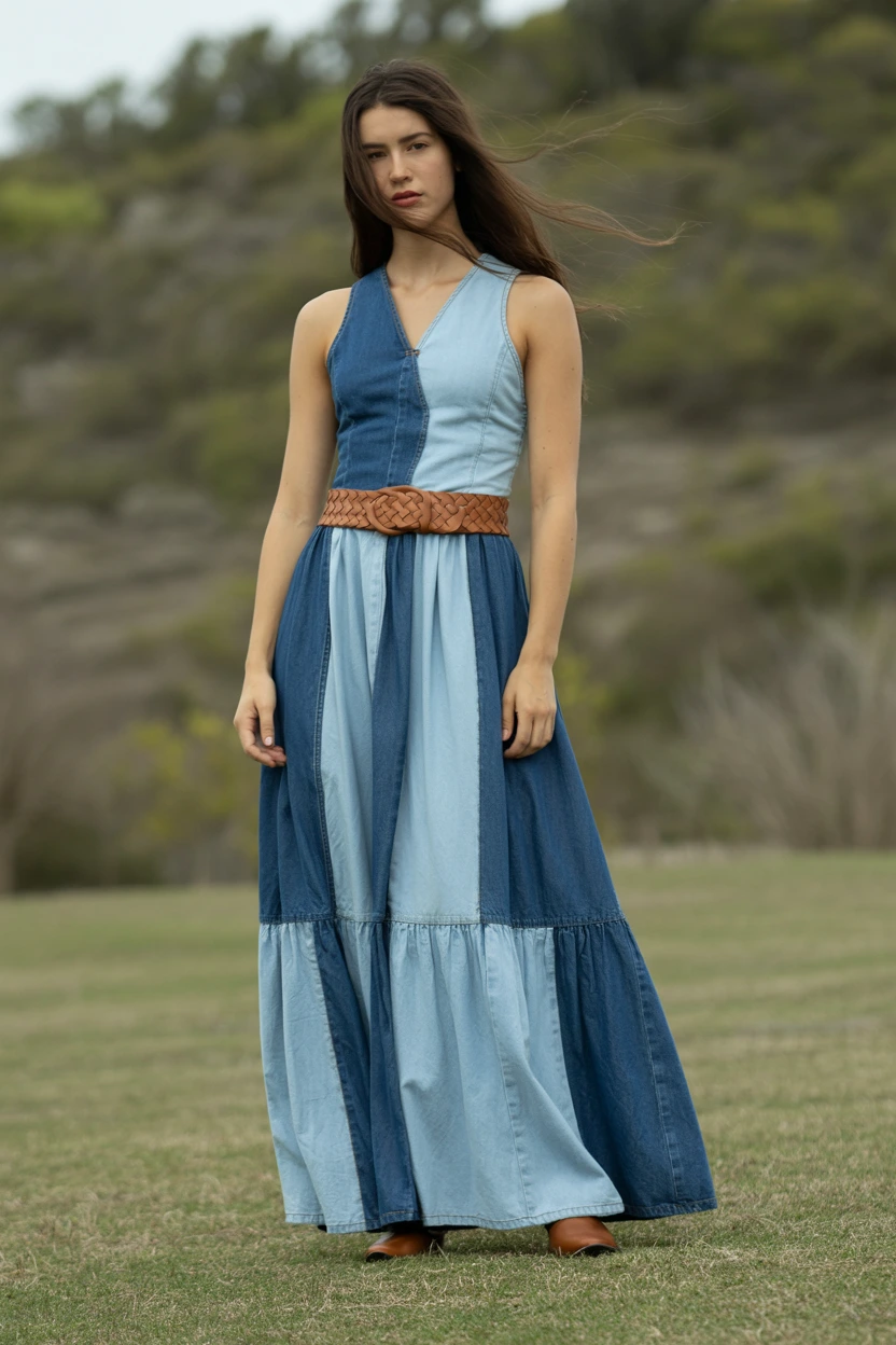 patchwork denim maxi dress