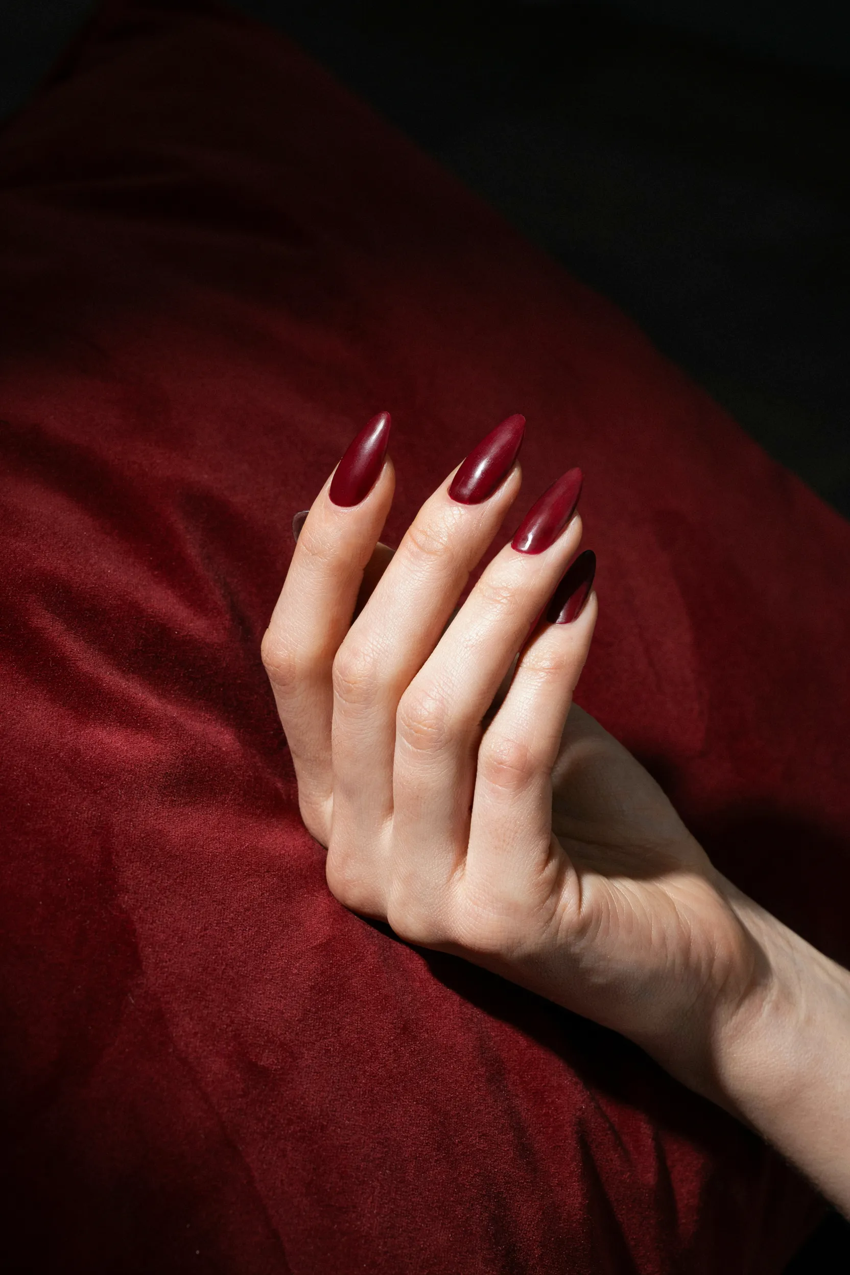 burgundy velvet stiletto nails