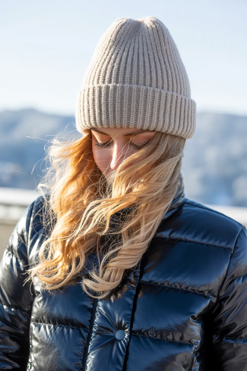 puffer jacket with beanie tresses